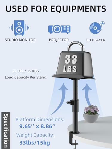 suptek Clamp-on Speaker Stand Desk Mount Set, Height Adjustment, ±12° Tilt, Swivel, 9.6 x 8.8 inch Trays, Universal Audio Holders for Bookshelf Speakers, Elevated Sound, 2 Pack, Black, SDM001GTB - size: Tilt Speaker Stands