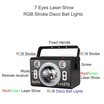 LED Disco Ball Light, Stage Laser Light, 4 Lens Laser Show, 2 Strobe Eyes Effects, Sound Activated, Remote Control, for Home Parties Holiday Christmas Birthday Wedding Karaoke DJ Club Bar Pub, Black