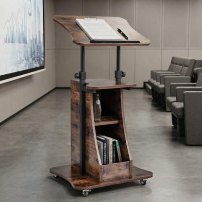 POWERSTONE 2PCS Sit to Stand Mobile Lectern Podium Stand Rustic Brown - color: Rustic Brown, size: 2 pack