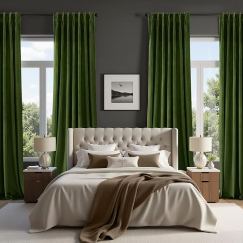 Joydeco Pinch Pleated Velvet Curtains 96 Inch Long 2 Panel Set Green Curtains for Bedroom Living Room, Thermal Insulated Back Tab Blackout Luxury Drapes with Adjustable Hooks (40”W x96”L,Olive Green) - color: Olive Green, size: 40"W x 96"L (Pack of 2)