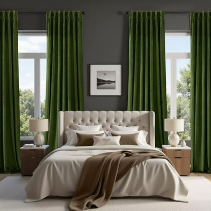 Joydeco Pinch Pleated Velvet Curtains 96 Inch Long 2 Panel Set Green Curtains for Bedroom Living Room, Thermal Insulated Back Tab Blackout Luxury Drapes with Adjustable Hooks (40”W x96”L,Olive Green) - color: Olive Green, size: 40"W x 96"L (Pack of 2)