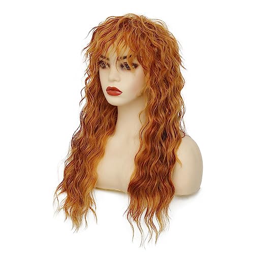 Long Mullet Wigs for Women Curly Blonde Wavy Rocker Punk 70s 80s Costumes Wigs with Bangs Halloween Cosplay Party Wig - color: Long Blonde