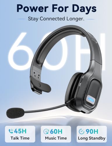 Bluetooth Headset with Mic, 60 Hours Talking Time Single-Ear Wireless Headset, ENC Noise Canceling, One-Touch Mute, Dual-Device Connection for Truck Driver, Office, Call Center, Phone/PC, Black