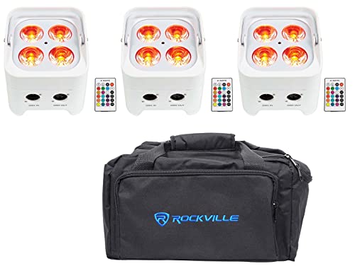 Rockville Best PAR 50 White RGBWA+UV Par Light 3-Pack with RLB80 Travel Bag | Up to 15-Hour Rechargeable Battery, Wireless DMX, 6/10 Channel, 3-Pin, 24W, IRC Remote, Sound Activated, Up-Light, 4-items