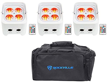 Rockville Best PAR 50 White RGBWA+UV Par Light 3-Pack with RLB80 Travel Bag | Up to 15-Hour Rechargeable Battery, Wireless DMX, 6/10 Channel, 3-Pin, 24W, IRC Remote, Sound Activated, Up-Light, 4-items