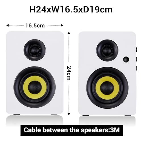 Sanyun SW206 80W 2.0 Active Bookshelf Speakers, Dual-Mode Creator & Music | 4" Carbon Fiber + 25mm Silk Dome, 24bit DAC, 6.35mm TRS Balanced + (Optical/Coaxial/AUX/USB/BT) Inputs, MDF, (Pair, White) - color: White