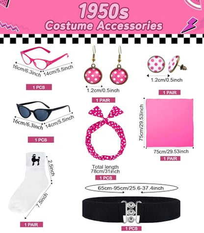 1950s Poodle Skirt Outfit Women 50s Sock Hop Costume T Shirt Accessories - color: Hot Pink, size: Medium