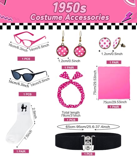 1950s Poodle Skirt Outfit Women 50s Sock Hop Costume T Shirt Accessories - color: Hot Pink, size: X-Large