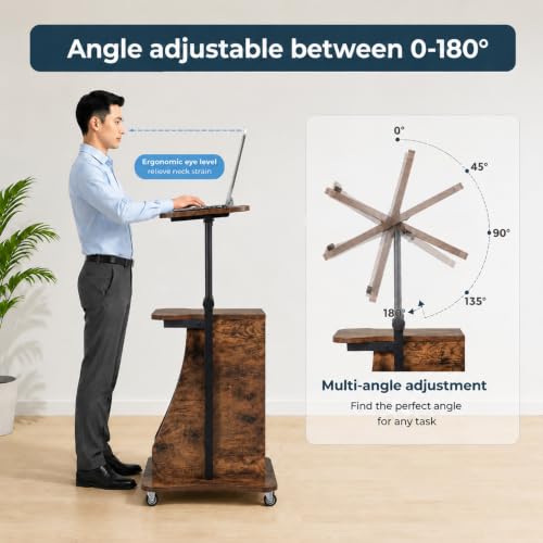 POWERSTONE 2PCS Sit to Stand Mobile Lectern Podium Stand Rustic Brown - color: Rustic Brown, size: 2 pack
