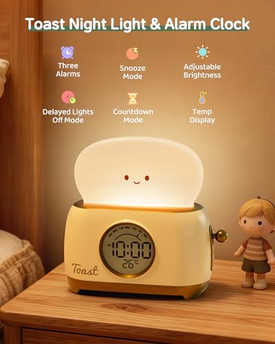 Alarm Clock for Kids, Cute Toast Night Light Alarm Clocks for Bedrooms, Dimming Rechargeable Small Led Desk Clock with Snooze & Countdown for Room Decor, Bedside Clock for Teen Girls Boys