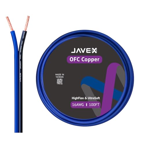 JAVEX Speaker Wire 16 Gauge 100FT Oxygen-Free Copper Audio Cable,Blueblack | 16 AWG HighFlex Thin Flat Cable Wire with Foot Markers for Automotive Car Stereo, Home Theater, Audio Cable DIY Installations - size: 100FT, style: 16AWG