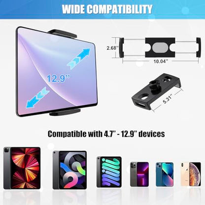 Mic Stand Tablet Holder, 360° Swivel iPad Mic Stand Holder Phone iPad Holder for Mic Stand/ Treadmill/ Spin Bike/ Peloton Exercise Bike Handlebar Mount, Fits 4-12.9" iPad, iPhone, Android Smartphones - size: 4 Inch Arm