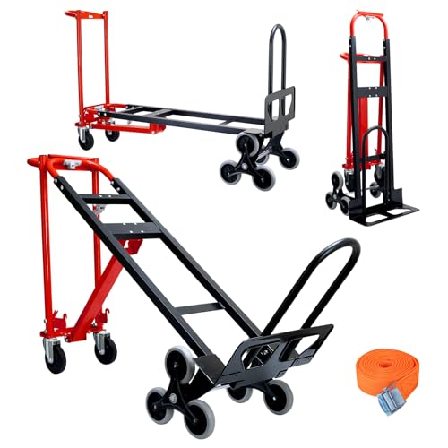 3 in 1 Stair Climbing Dolly Cart with Wheels 1000LBS(Red) | Convertible Hand Truck,Stair Dolly Climber Heavy Duty with Solid Wheels for Moving,Transport in Warehouses,Factory - color: Red
