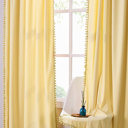 Pom Pom Velvet Curtains for Kid's Bedroom Yellow 42x84" Living Room Drapes - color: Pom Pom- Yellow, size: 42"W x 84"L (Pack of 2)