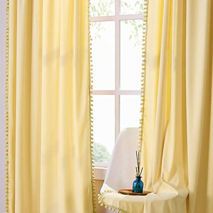 Pom Pom Velvet Curtains for Kid's Bedroom Yellow 42x84" Living Room Drapes - color: Pom Pom- Yellow, size: 42"W x 84"L (Pack of 2)
