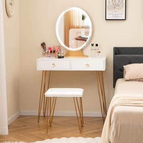 CHARMAID Makeup Vanity Table with Lighted Mirror, Vanity Desk with 2 Large Drawers, Adjustable 3 Lighting Modes, Modern Girls Bedroom Vanity Table with Chair for Small Spaces, White & Gold - color: White, style: 2 Drawers & Acrylic Storage Box