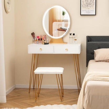 CHARMAID Makeup Vanity Table with Lighted Mirror, Vanity Desk with 2 Large Drawers, Adjustable 3 Lighting Modes, Modern Girls Bedroom Vanity Table with Chair for Small Spaces, White & Gold - color: White, style: 2 Drawers & Acrylic Storage Box