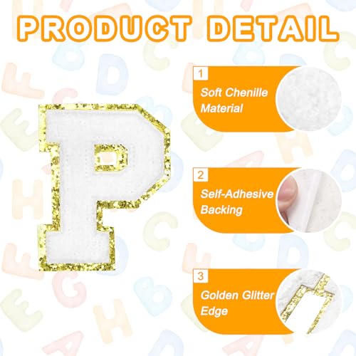 MECCANIXITY Chenille Letter Patches 2.2" Self Adhesive Alphabet P Stick on Embroidered Patch Sew on Letter Stickers Applique for Repairing Clothing Jeans Shoes Hats DIY(White, Pack of 8) - style: Letter P