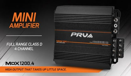 PRV Audio MDX1200.4 2 Ohm Mini 4 Channel Car Audio Amplifier 4 x 300 Watts RMS at 2 Ohm - 1200 Watt 12 Volts Bridgeable Amp for Powersports, Motorcycles, ATV, for High Power Stereo Speaker Systems
