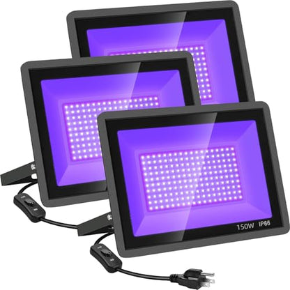 YANYCN 3 Pack 150W LED Black Lights, Blacklight Flood Light Outdoor with Plug and Switch, IP66 Waterproof for Dance Party, Glow in The Dark, Halloween Lights, Body Paint, Fluorescent Poster - size: 3pack 150W led black light