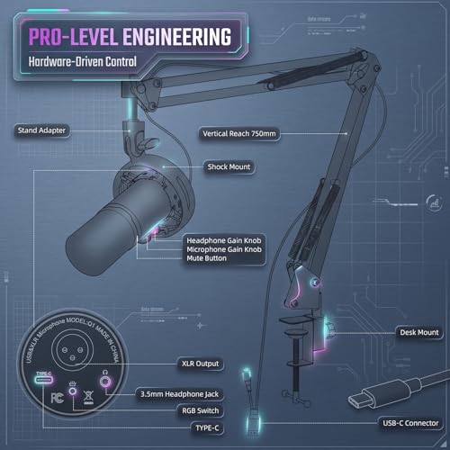 Gaming Microphone Set, USB/XLR Dynamic PC Mic for Streaming, Podcast - color: Gray