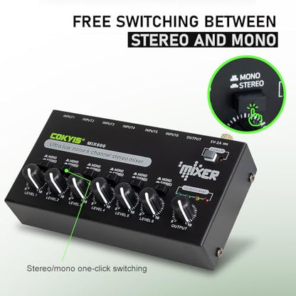 COKYIS Mini Audio Mixer, 6-Channel Stereo Line Mixer for Precision Sub-Mixing, with Ultra Low-Noise Operation, Independent Microphone Control, 1/4" TRS Input/Output-for Guitars, Bass, Stage Mixer