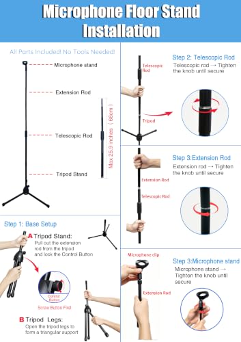 Microphone Stand Floor, Foldable Tripod Mic Stand with Adjustable Height, Detachable Metal Stand for Blue Yeti, HyperX QuadCast, Shure MV7, Includes 3/8" to 5/8" Adapter & Carry Bag - color: Mic Stand