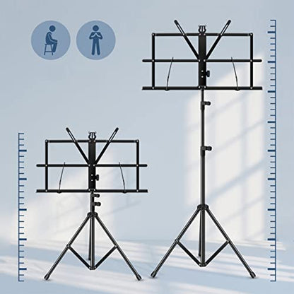 ENNBOM 2-in- 1 Music Stand Portable Folding Sheet Music Stand Adjustable Music Sheet Clip Professional Music Sheet Holder with Carry Bag (Pack of 1)