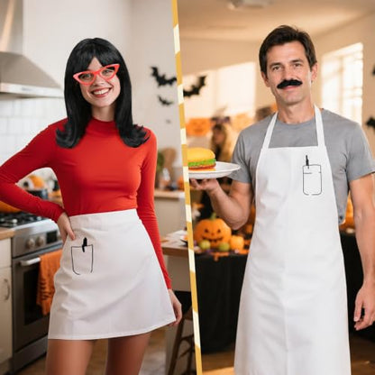 MOVINPE Burger Shop Couple Costume Set for Adults, Chef & Waitress Outfit with Aprons, Wig, Beard, Glasses & Hamburger Prop – Funny Restaurant-Themed Halloween Cosplay for Men & Women