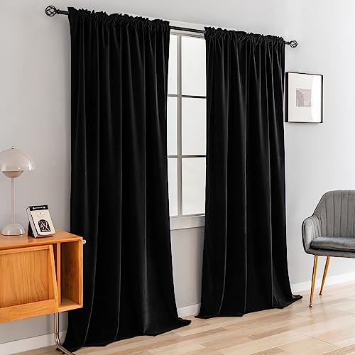 CUCRAF Black Velvet Blackout Curtains 84 inches Long, Thermal Insulated, Noise Reducing Rod Pocket Luxury Drapes for Bedroom Living Room(52x84 inches, 2 Panels) - color: Black, size: 52"W x 84"L (Pack of 2)