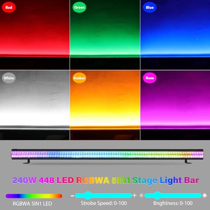 Stage Strobe Lights Bar,240W 448 LED RGBWA 5IN1 Stage Wash&Strobe DJ Light Bar DMX RDM Sound Activated 224 RGB Zones&224 Amber&White Chasing Effects for Stage Parties DJ Club Disco Wedding