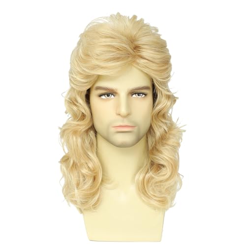 Men's 80s Rock Mullet Wig, Long Curly Retro Costume Wig, Perfect for 80s Theme Parties, Halloween, Rock Concerts and Cosplay with Sunglasses (Light Blonde) - color: 8002-Light Blonde