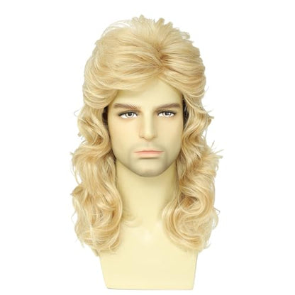 Men's 80s Rock Mullet Wig, Long Curly Retro Costume Wig, Perfect for 80s Theme Parties, Halloween, Rock Concerts and Cosplay with Sunglasses (Light Blonde) - color: 8002-Light Blonde