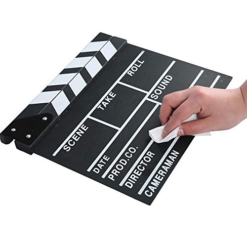 Movie Film Clap Board, Hollywood Clapper Board Wooden Film Movie Clapboard Accessory with Black & White, 12"x11" Give Away White Erasable Pen - size: 11"W x 12"H