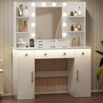 HUANLEGO Vanity Desk with Mirror and Lights, Makeup Vanity with Mirror and LED Lights & Power Outlet, 3 Drawers and Cabinets, 3 Lighting Modes Dressing Table Set for Girls Women Bedroom, White - size: 43.7x15.7x57.6 in, style: White