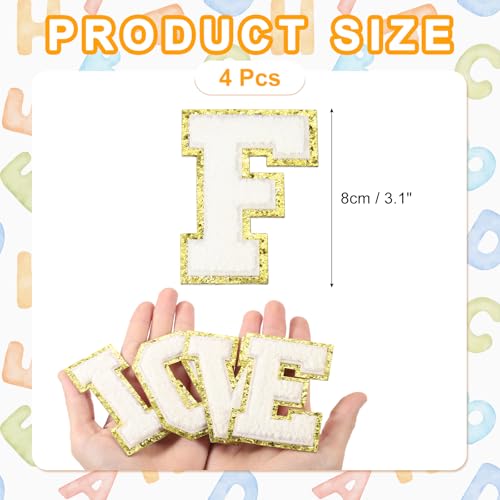 MECCANIXITY Chenille Letter Patches 3.1" Alphabet F Iron on Embroidered Patch Sew on Letter Stickers Applique for Repairing Clothing Jeans Shoes Hats DIY(White, Pack of 4) - style: Letter-F