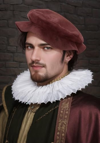 FURPHI Medieval Tudor Flat Cap Faux Suede Beret Hat Renaissance Festival Costume Accessories for Men Women - color: Wine
