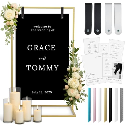 Gold Wedding Welcome Sign Stand with Holder - Elegant Metal Easel Display for Seating Chart, Reception Signs, Welcome Board - 30+ Customizable designs for Baby, Bridal Shower - Versatile Party Sign Holder - color: Gold