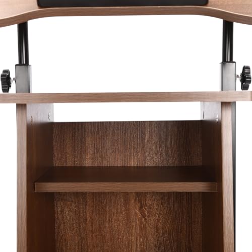 Lectern Podium Stand, Mobile Height Adjustable Church Classroom Lecture Portable Presentation Concert Podium with 4 Universal Wheels Adjustable Angle 0-90° Standing Laptop Cart - color: Brown(23.62w*14.57hin)