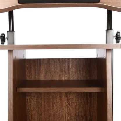 Lectern Podium Stand, Mobile Height Adjustable Church Classroom Lecture Portable Presentation Concert Podium with 4 Universal Wheels Adjustable Angle 0-90° Standing Laptop Cart - color: Brown(23.62w*14.57hin)