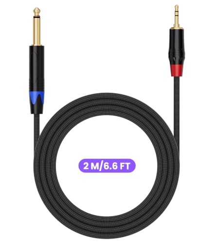 1/4 to 1/8 Stereo Audio Cable Mono to Stereo Patch Cord, 6.6FT | Gold Plated 3.5mm TRS Stereo to 1/4 Inch TS Mono Aux Jack Adapter Cable With Nylon Braid Jacket for Laptop Amplifier - size: 6.6 feet