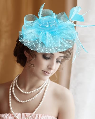 Fascinator Tea Party Hat Women 20s 50s Wedding Cocktail Flower Mesh Feathers Hair Clip for Carnival Halloween - color: A-lake Blue