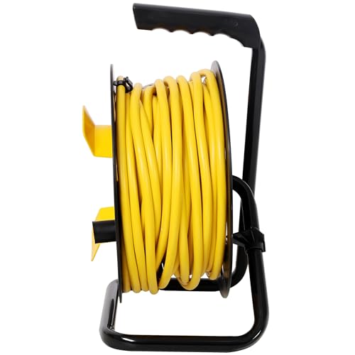 100FT Length Cable Heavy Duty Retractable Extension Cord Reel,12AWG,12A, with 4pcs Outlets and Dust Cover,Portable Handle and Safety Overload Circuit Breaker, UL Certificate