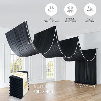 60ftx40ft Black Ceiling Curtain for Wedding Parties - color: Black, size: 60"W x 480"L (Pack of 12)