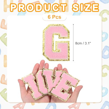 MECCANIXITY Chenille Letter Patches 3.1" Alphabet G Iron on Embroidered Patch Sew on Letter Stickers Applique for Repairing Clothing Jeans Shoes Hats DIY(Pink, Pack of 6) - style: Letter-G