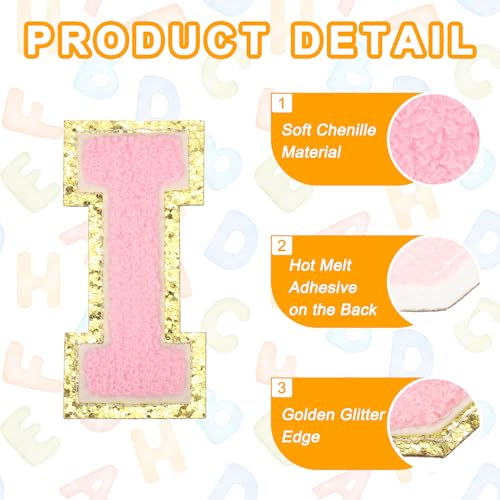 MECCANIXITY Chenille Letter Patches 3.1" Alphabet I Iron on Embroidered Patch Sew on Letter Stickers Applique for Repairing Clothing Jeans Shoes Hats DIY(Pink, Pack of 6) - style: Letter-I