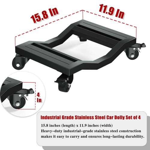 Car Dolly Set of 4, 6,800 lb Capacity - Industrial Grade Stainless Steel Vehicle Moving Dollies with Locking Caster Wheels & U-Shaped Design for Cars, SUVs, Trucks, Trailers - size: Car Dolly Set of 4