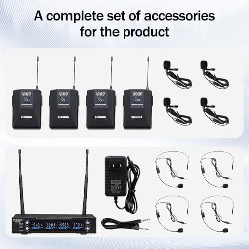 4 Channel UHF Wireless Microphone System with Lavalier Headset Mics, 4x50 Adjustable Frequencies, Ideal for Karaoke Meeting Church, 300ft Range (4 Bodypack)