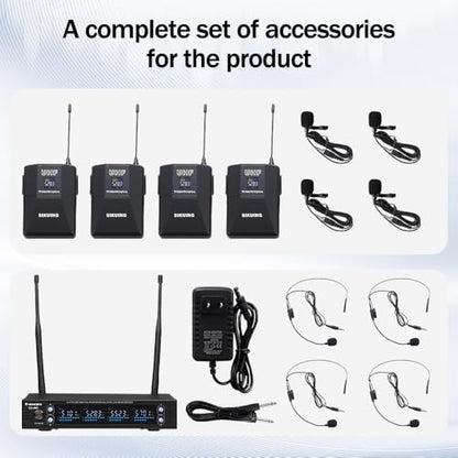 4 Channel UHF Wireless Microphone System with Lavalier Headset Mics, 4x50 Adjustable Frequencies, Ideal for Karaoke Meeting Church, 300ft Range (4 Bodypack)