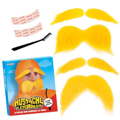 Kangaroo 2 Set of Self-Adhesive Yellow Fake Mustaches & Eyebrows for Adults | Funny Cosplay Eyebrows for Halloween, Dressup, Theater & Parties,Self-Adhesive Costume Accessories for Adults & Kids
